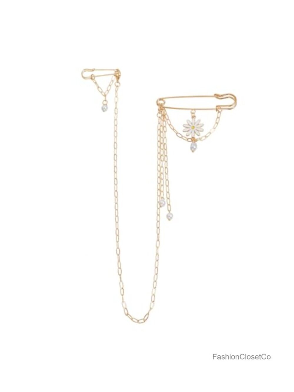 Gold Silver Tone Chaintassel Brooch with Crystals Faux Pearl